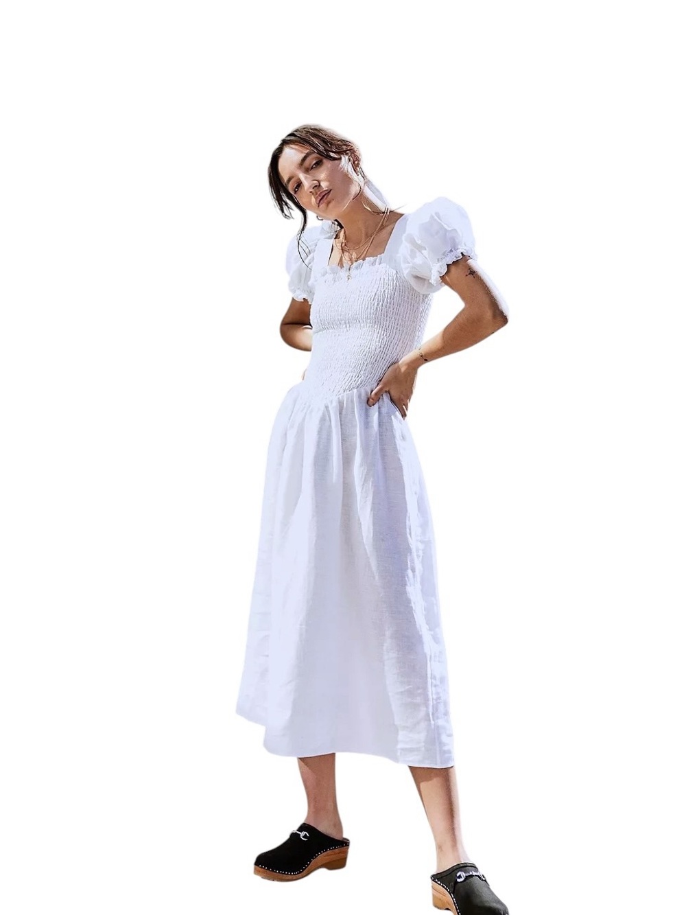Sleeper Belle Midi Linen Smocked Corset Waist Dress XL White
